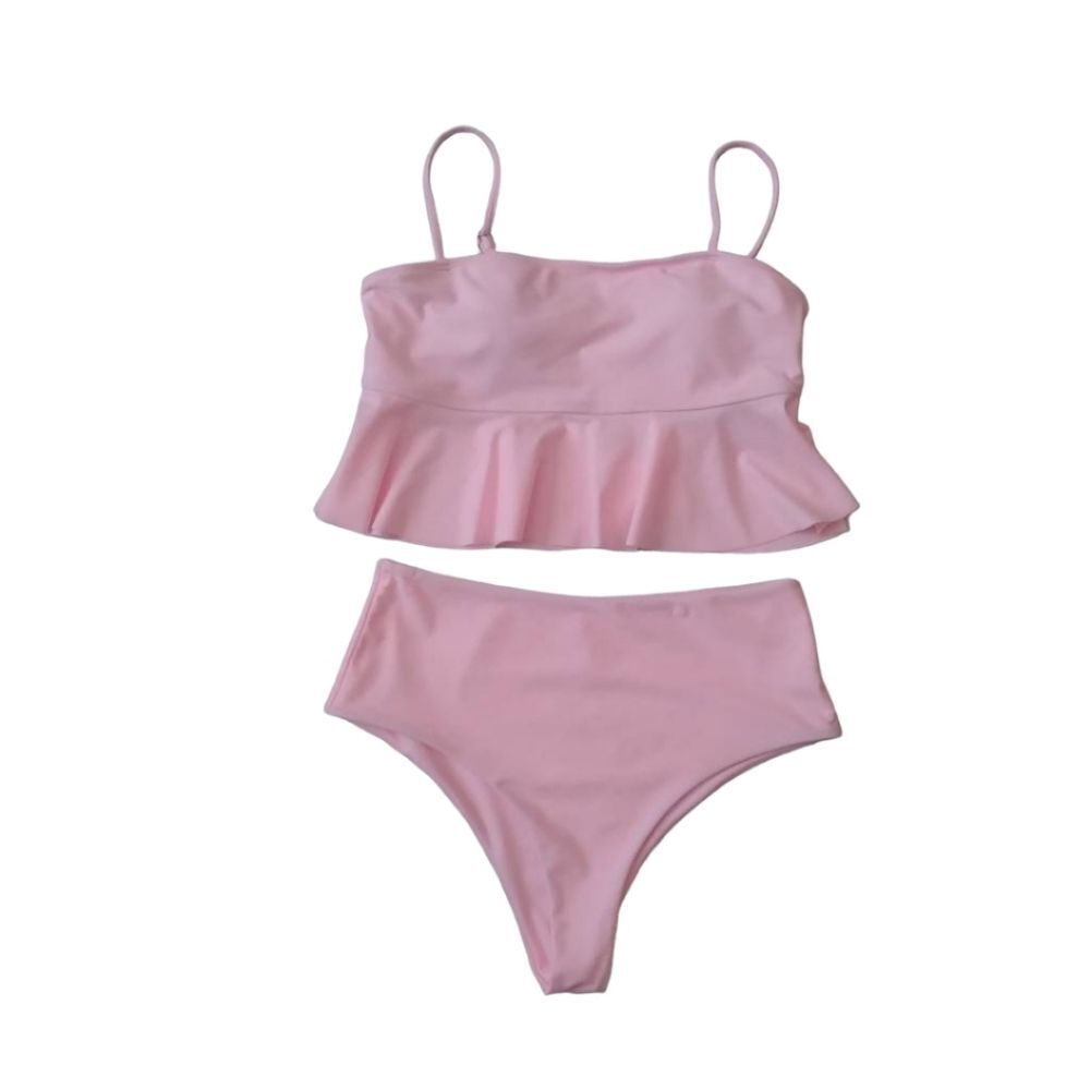 Shein Baby Pink Ruffle Hem Top High Waisted Bottoms Bikini Swimsuit Set Medium